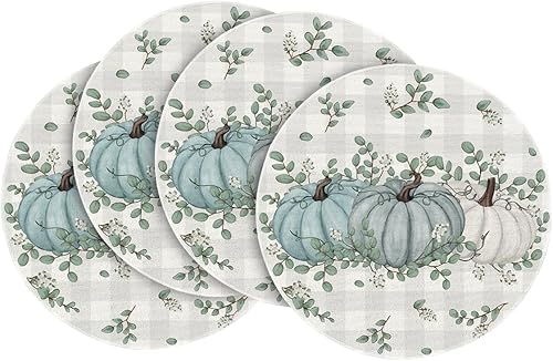 Artoid Mode Juego de 4 manteles individuales redondos de otoño con diseño de calabazas y hojas de eucalipto para decoración de comedor de 15 pulgadas Artoid Mode Juego de 4 manteles individuales redondos de otoño con diseño de calabazas y hojas de eucalipto para decoración de comedor de 15 pulgadas