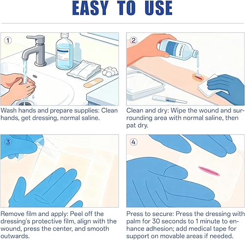Miniatura 5 de Vendaje y vendaje hidrocoloide grande para heridas, paquete de 10 paquetes de 4 x 4 pulgadas, borde delgado autoadhesivo, resistente al agua, para
