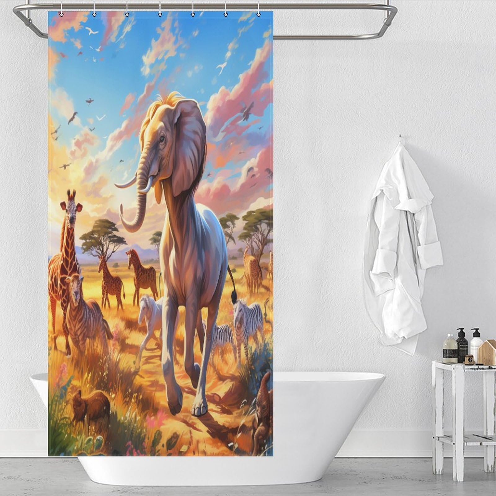 Rideau de douche animaux africains en tissu polyester imperméable haute densité