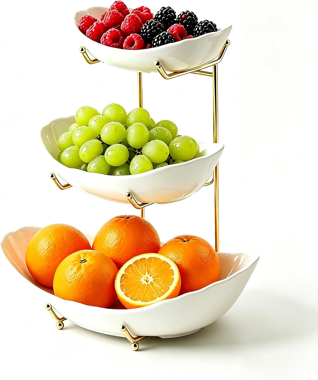 Ceramic Fruit Bowl for Kitchen Counter, 3 Tier Fruit Rack, Fruit Basket for Party, Fruit Stand for Countertop, Snack,Nuts, Cake, Dessert, Candy, Gold