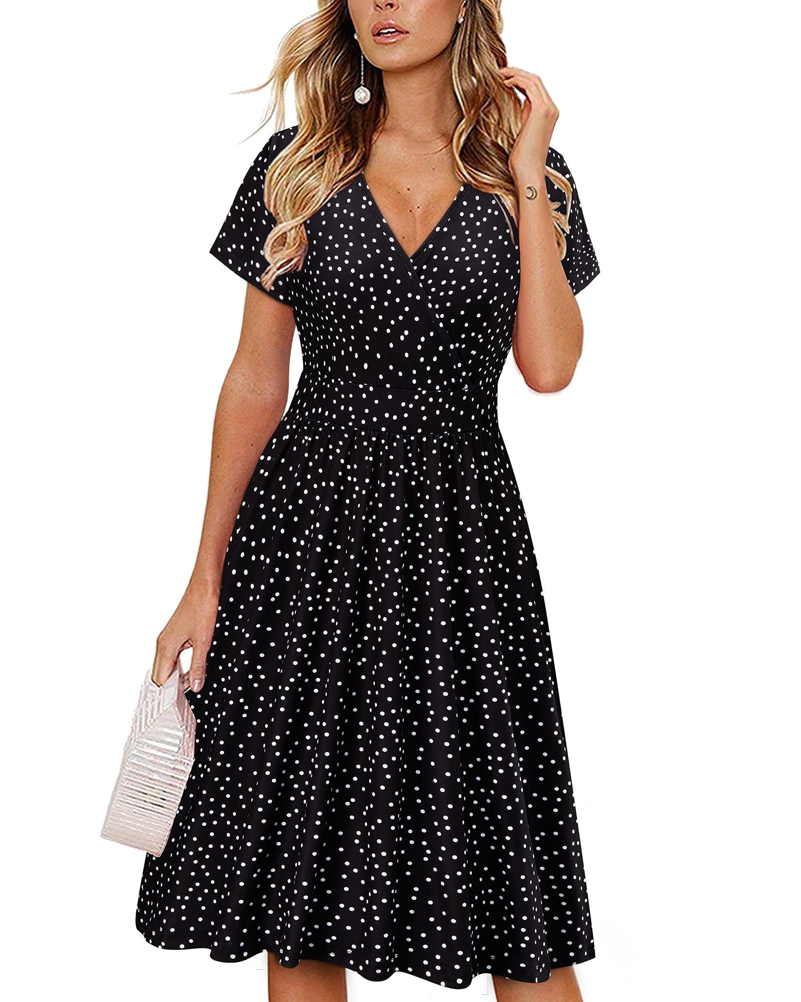 VOTEPRETTY Femme Robe d'été Manches Courtes Encolure en V Robe Portefeuille Mi-Longues Robe avec Poches