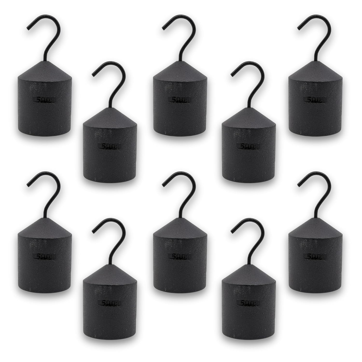 Eisco Labs - Hooked Weight 5-Pack, 500g Each - Iron, Cylindrical with Hook and Bottom Slot for Easy Lifting, Science Experiments, Physics, Scale Calibration, Measurement