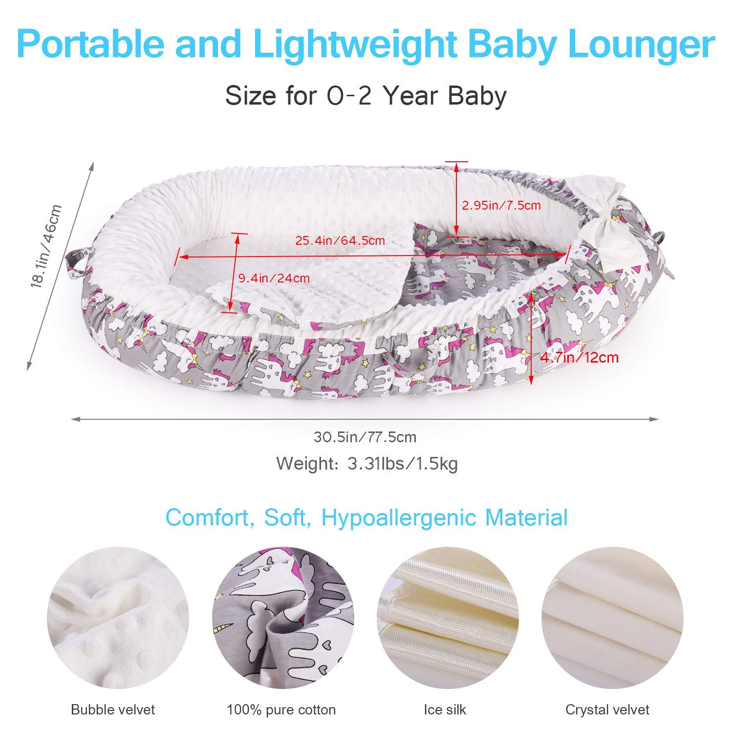JIAN YA NA Babynest mit Eisseide-Matratze, tragbare Babyliege, abnehmbar, maschinenwaschbar, Verwendung im Kinderbett (Einhorn)