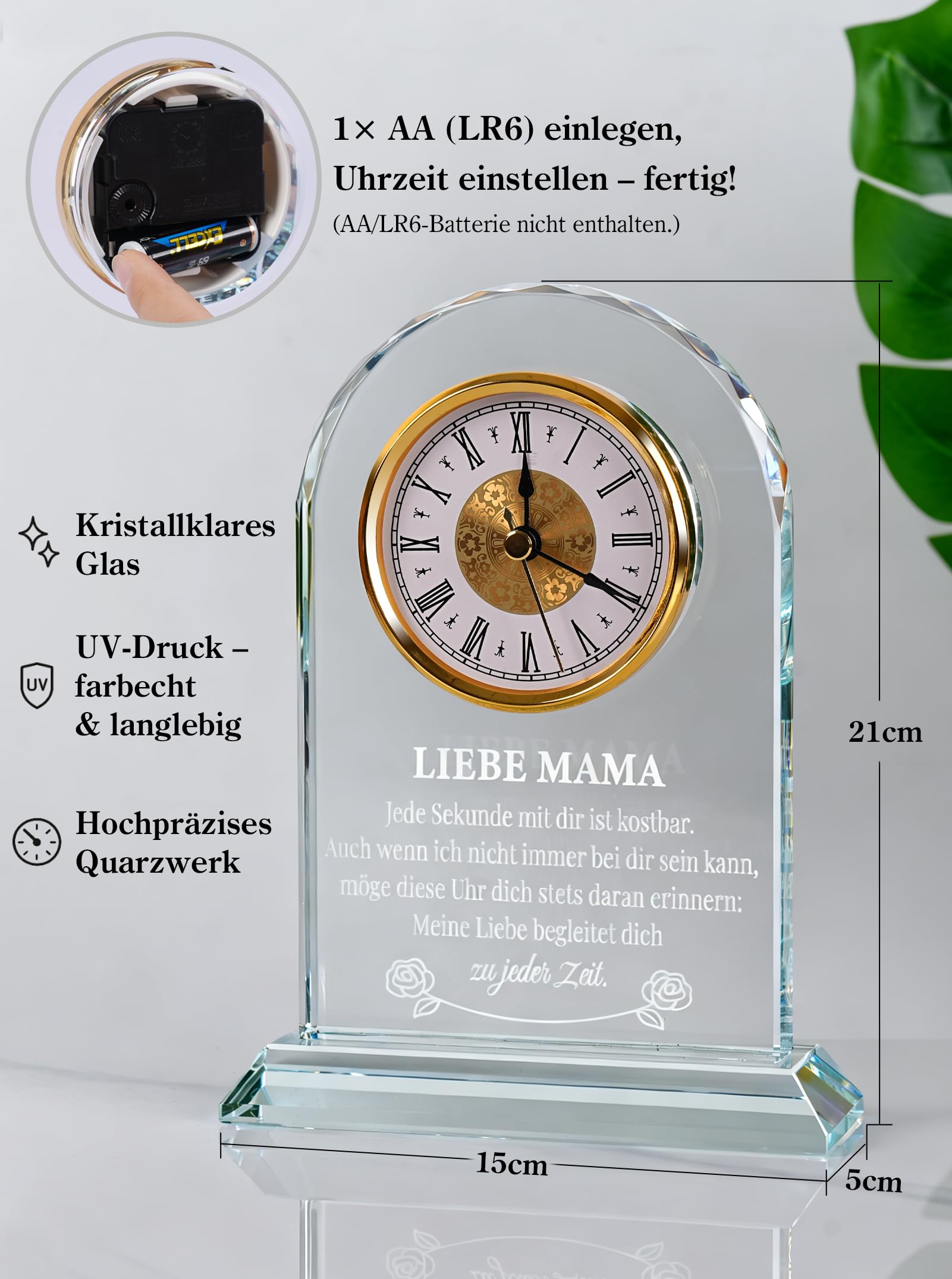Geschenk für Mama zum Geburtstag & Muttertag – Edle Glasuhr mit Spruch von Tochter & Sohn – Besondere Geschenkideen für Frauen – Dekorative Tischuhr in Geschenkbox