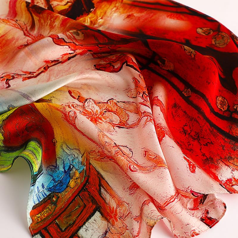 MEISEE 100% Mulberry Silk Long Scarf for Women Large Oblong Sunscreen Shawls Wraps Neck Headscarf Hair Wraps with Gift Packed (23-Red + Beige Oil Painting)4