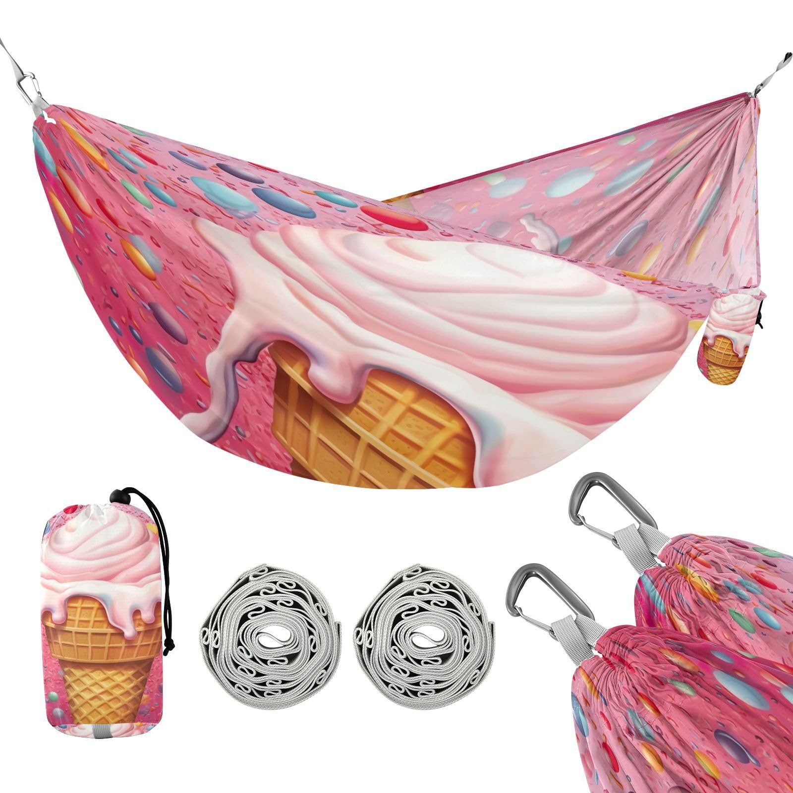 Haskirky Ice Cream Camping Hammock, Single Portable Hammocks with Tree Straps & Attached Carry Bag, 330Lbs Capacity Perfect for Outside Indoor Hiking Beach Backpack Travel