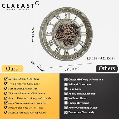Miniatura 3 de CLXEAST Reloj de pared de 24 pulgadas con engranajes móviles, relojes de pared grandes de gran tamaño con números romanos para decoración de sala de