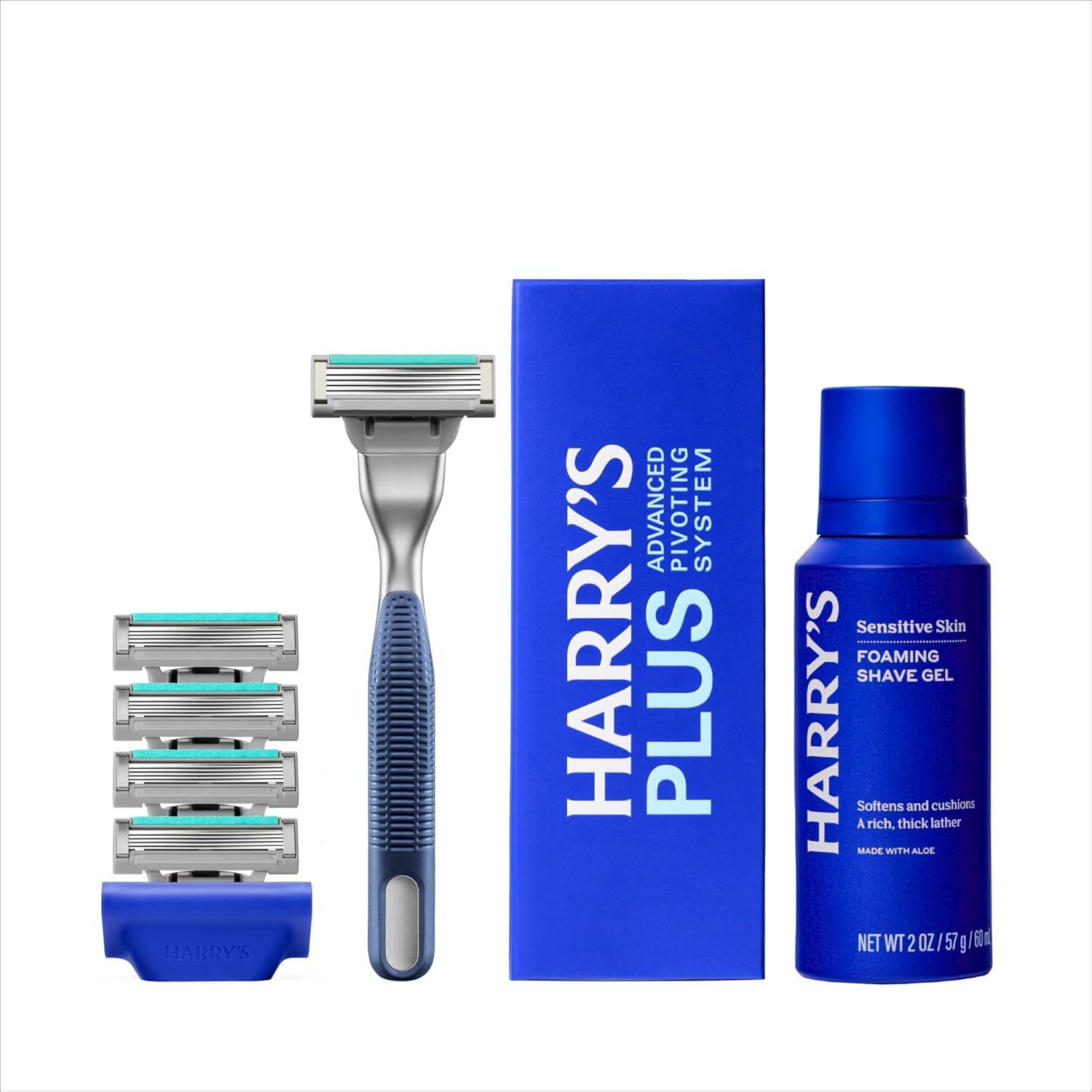 Harry's Plus Shaving Kit for Men - Premium Handle, 5 Razor Blade Cartridges, Foaming Shave Gel, and Travel Blade Cover - TSA Approved Travel Essentials - Advanced Pivoting System - Tide