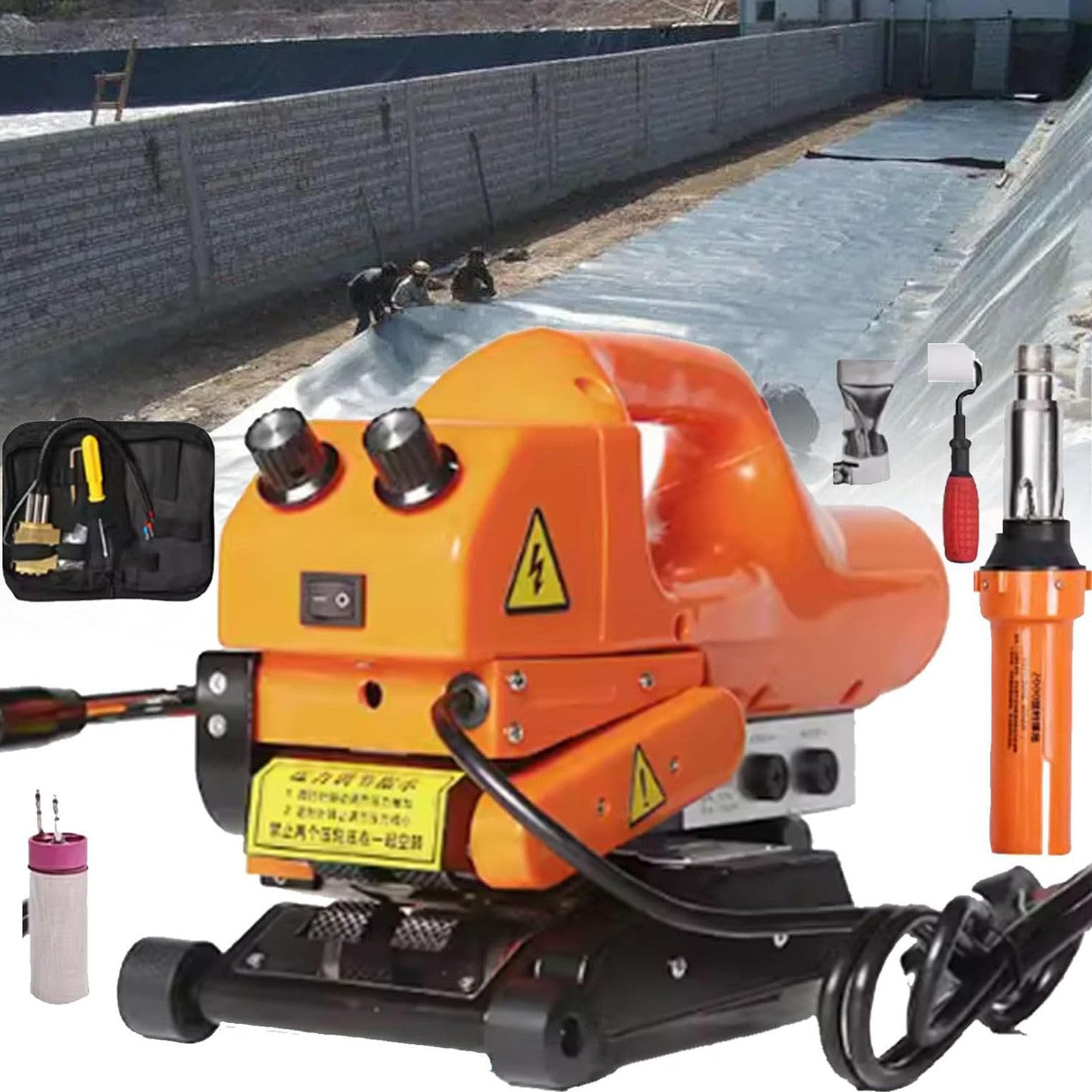 Zgrzewarka na gorąco, automatyczna spawarka geomembranowa 1100 W do PVC, PE, EVA, HDPE, PP z pistoletem do spawania gorącym powietrzem 2000 W i stalowym wałkiem 20 cm