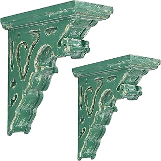 BIG FORTUNE Set of 2 Corbels for Shelves Wood Corbels Decorative,L7.2 x W3.1 x H7.8 Inch, Shelf Brackets Wooden Vintage Shelf Farmhouse Decor（Green）
