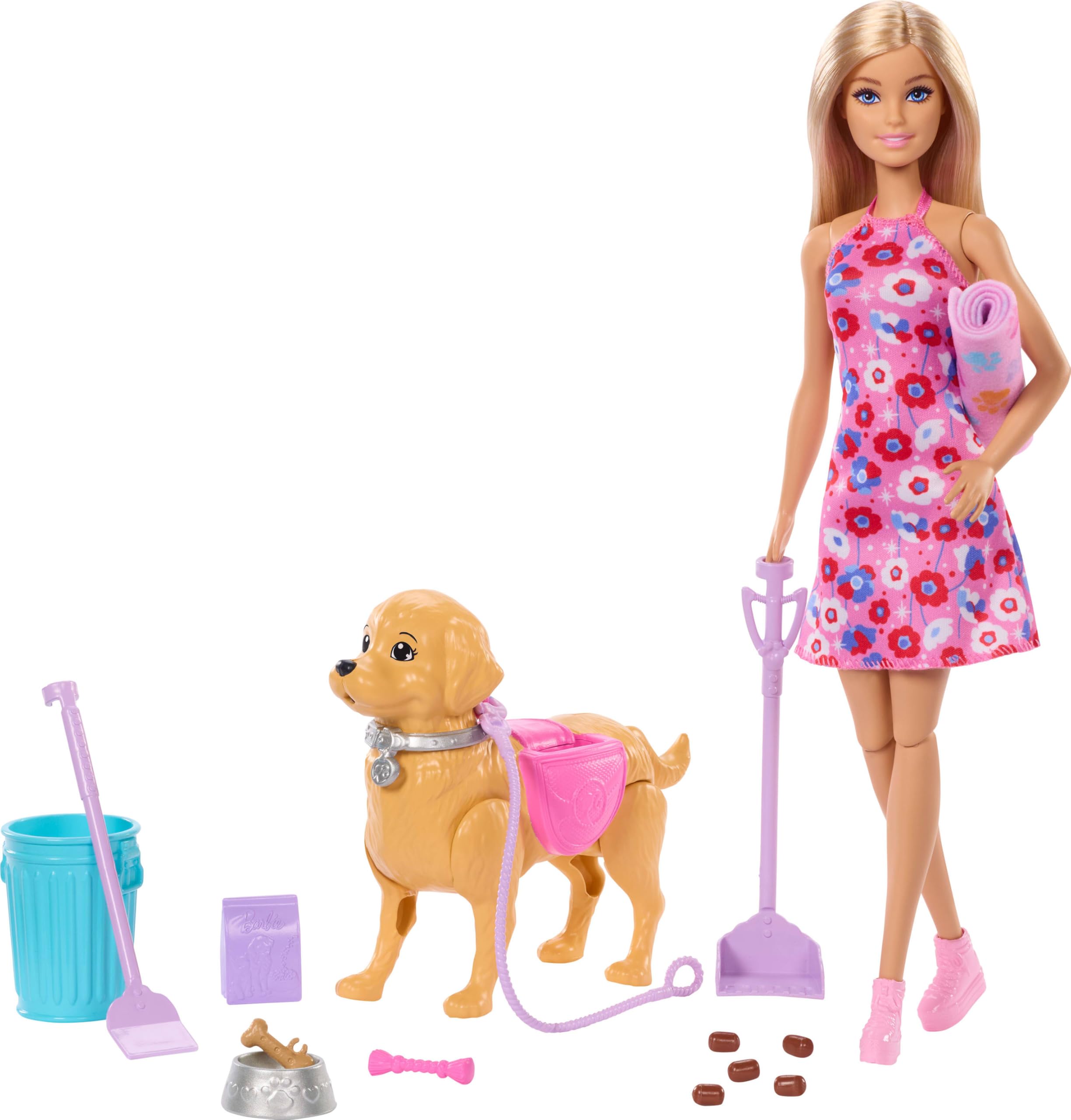 Barbie Walk & Potty Pup Toy Set, Includes Toy Dog that Walks & Goes Potty, Malibu” Doll, Plus Pooper Scooper & Pet Accessories, JJB46