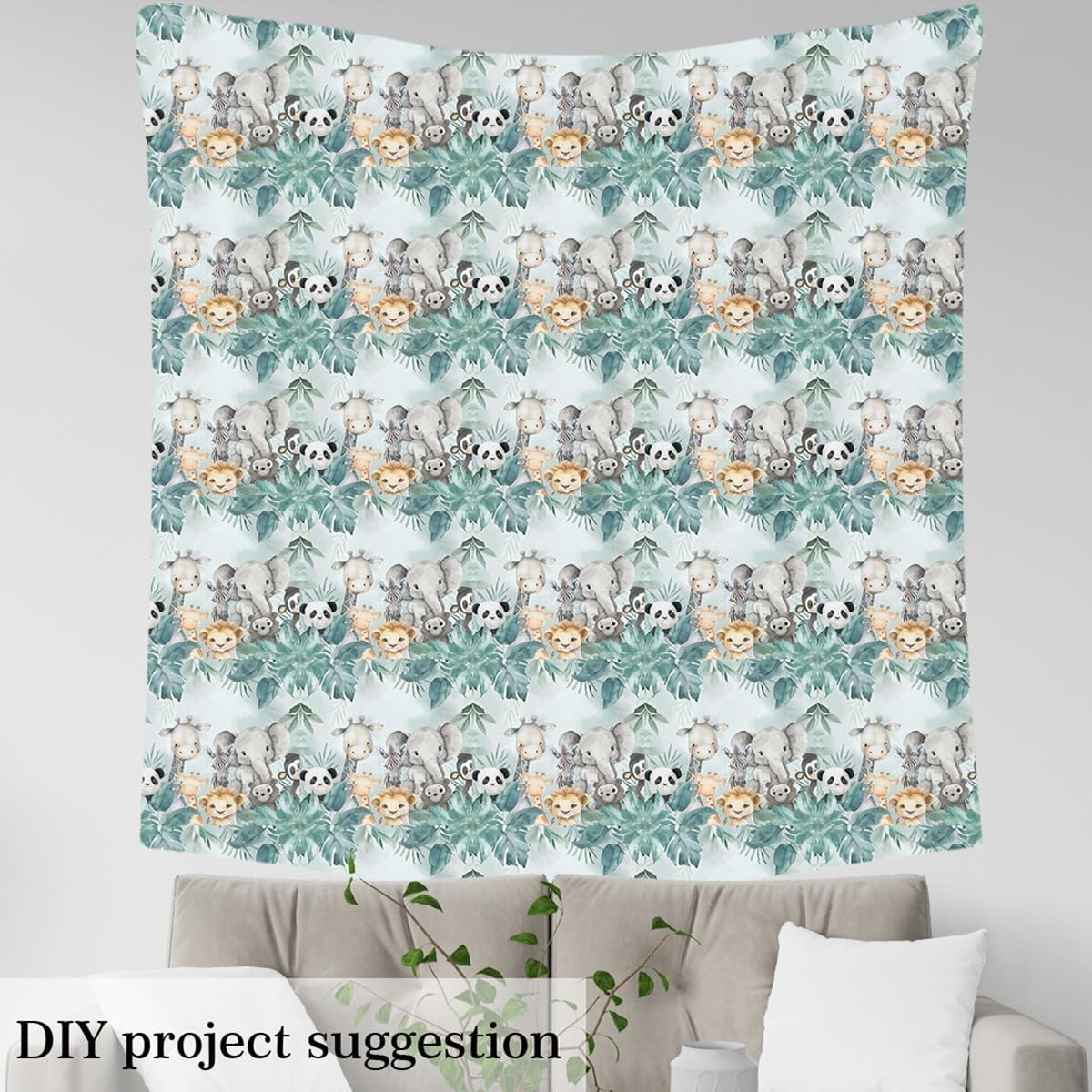 Erosebridal Kids Zoo Animal Upholstery Fabric for Chairs Sofa,Cute Animal Fabric by The Yard,Palm Tree Leaves Waterproof Indoor Outdoor Decor,Yellow Grey Green,5 Yards