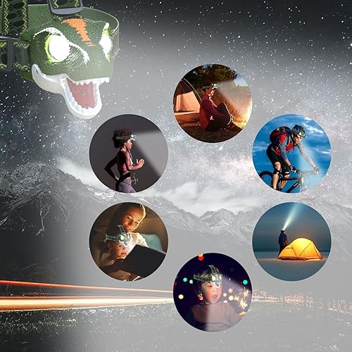 Miniatura 8 de Linterna frontal LED para niños, modo rugido y silencioso, linterna de cabeza de juguete para exteriores para niños, niñas, faro ligero de 3.4 onzas