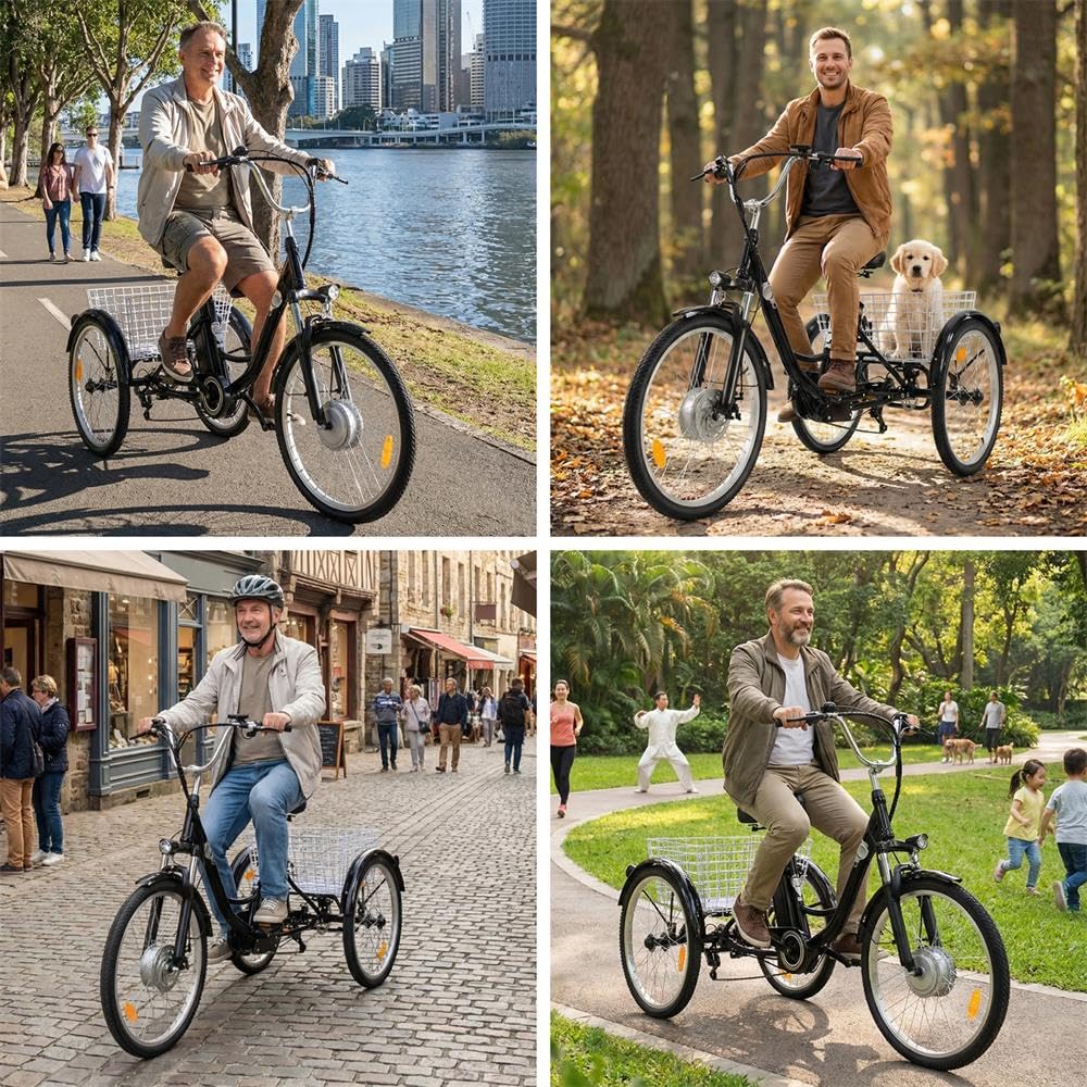 M300: triciclo elettrico per adulti da 250 W con batteria rimovibile da 36 V e 18Ah, ruote da 24 pollici, 3 marce e 7 velocità, ideale per il campeggio e gli spostamenti quotidiani