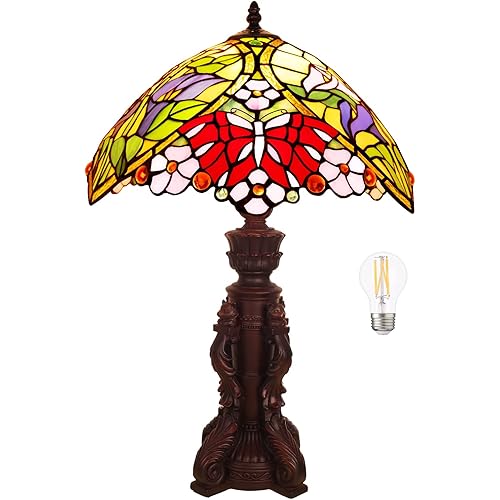 MOOVIEW Tiffany Lamp Stained Glass Bedside Lamp for Bedroom 22’’ Tall Retro Desk Light Lamp LED Bulb(2700K, E26) Included Christmas Gift