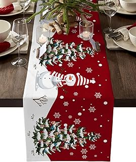 Christmas Decorations,Christmas Table Runner - Cotton Linen 36 Inches, Snowman Rustic Red Snowflake Bed Runner Dress Scarv...