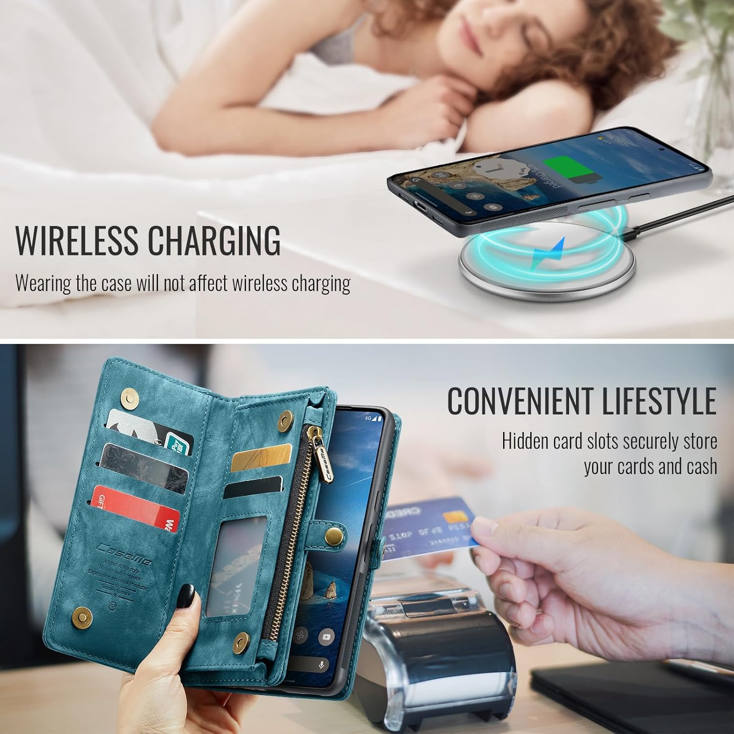 2-in-1 Magnetic Wallet Case for Google Pixel 10 Pro XL, Durable Leather & TPU Cover with 8 Card Slots, Zipper Purse, Detachable Wristband & Stand, Compatible with Wireless Charging, Shockproof (Blue)