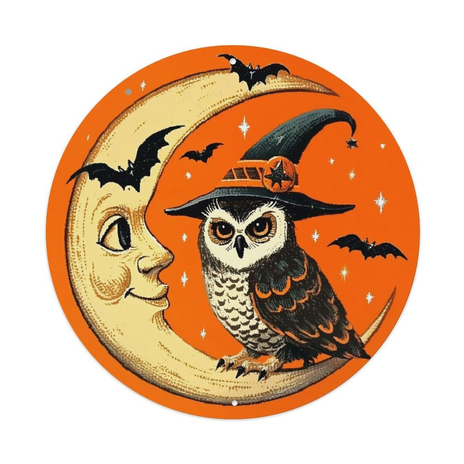 Jdyaojiesheng Vintage Owl Witch Moon Bats Stars Round Tin Sign Retro Metal Wall Decor Metal Poster, Home Bar Garage Farmhouse Cafe Wall Art Decoration 8X8inch