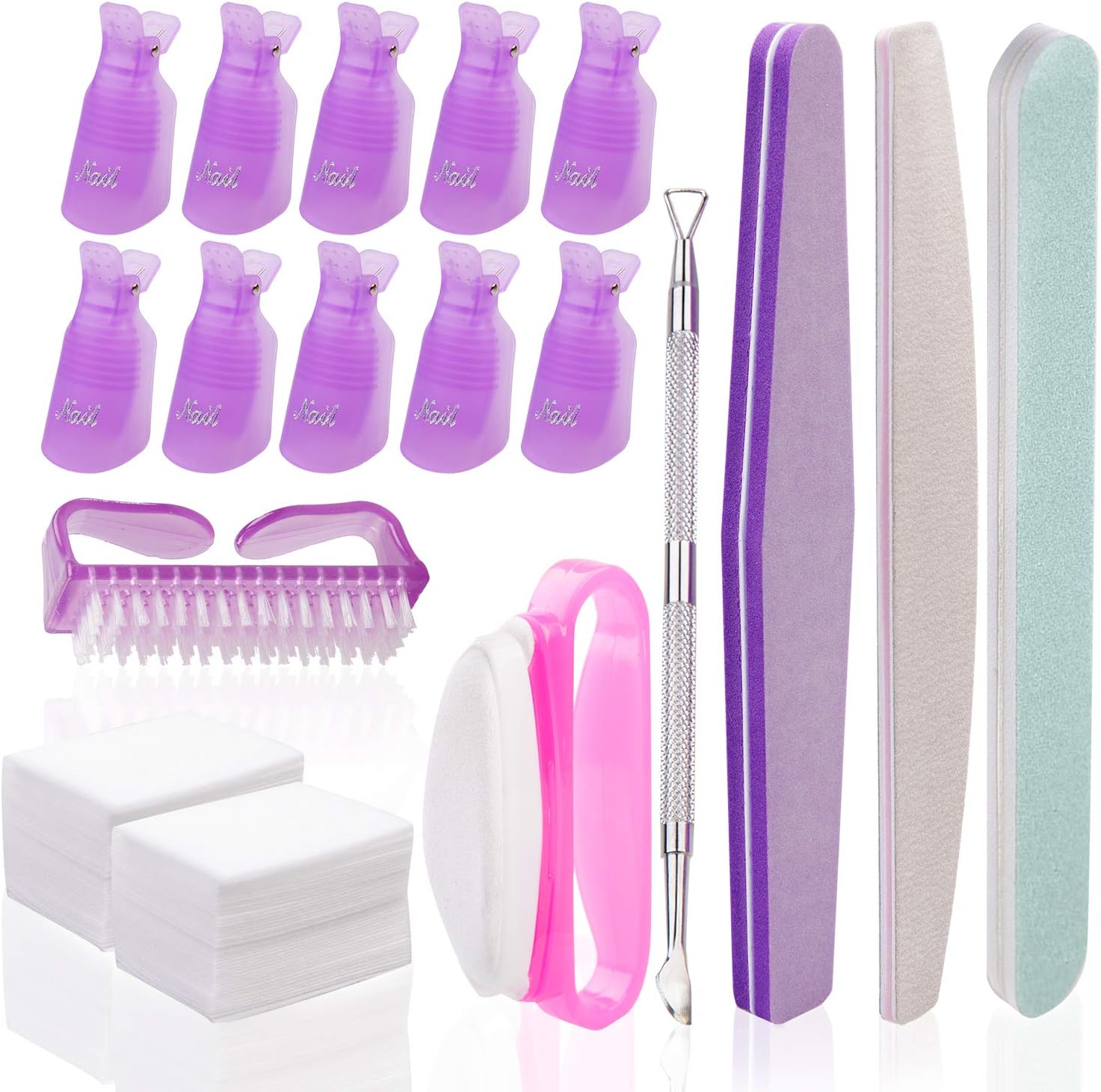 Booshow 8 Pack Gel Nail Polish Remover Tools Kit with Nail Files and Buffers Block Nail Clips Nail Brush Double Ended Cuticle Pusher Nail Remover Pads