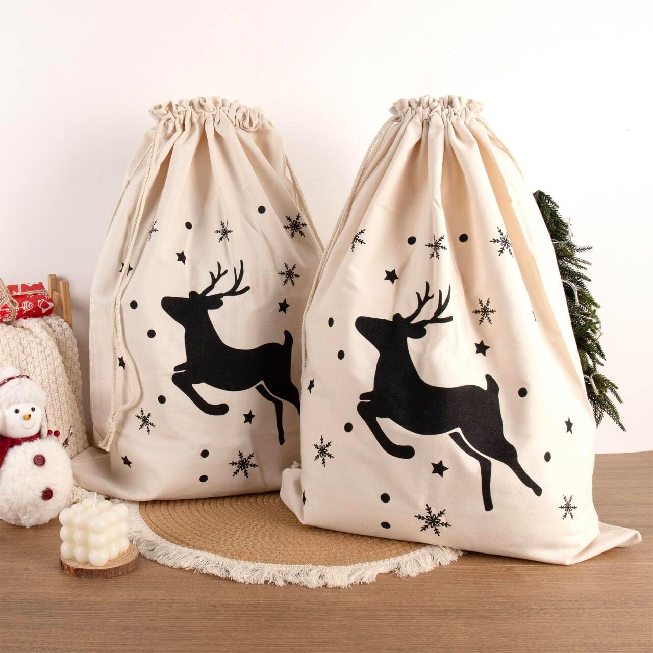 WWT 2Pcs Christmas Canvas Drawstring Gift Bags, 19x24 inches Large Elk Bags for Presents, White Xmas Sacks, Party Favor Bags
