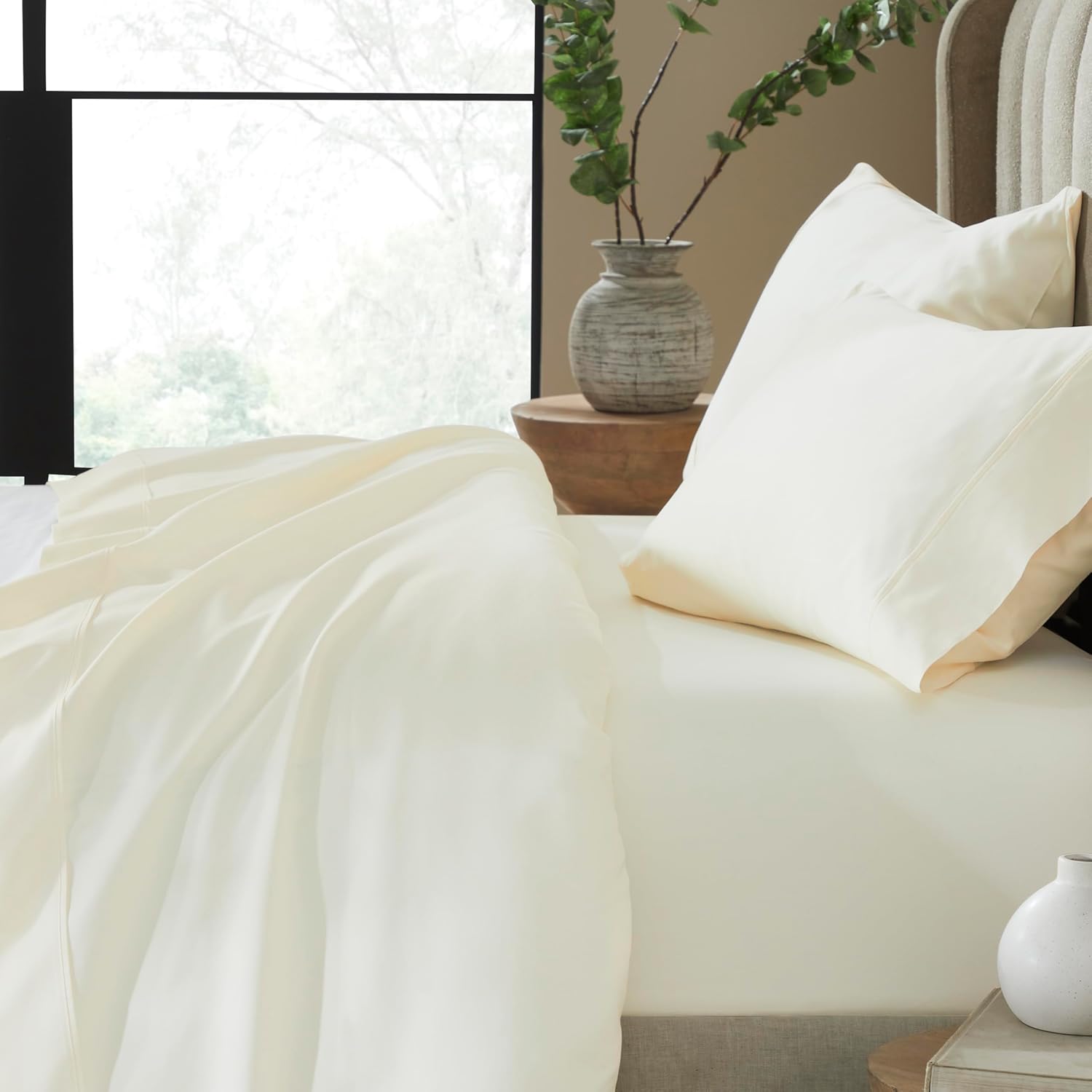 Superior Pavo Cotton Sheet Set, Sateen Weave, Soft Bedding, Modern Luxury, Comfortable, Easy Care Home Decor Essentials, Solid Design, 20" Deep Pocket Sheet Set, King, Ivory