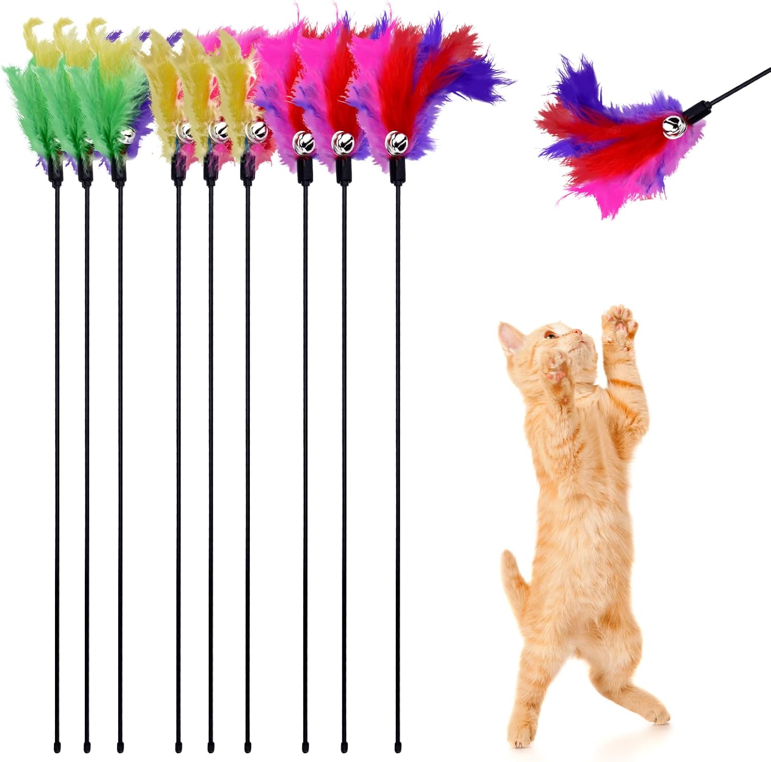 Cat Wand Toys for Indoor Cats - 9 PCS Extended Teaser Wand - Interactive Colorful Natural Cat Feather Toys Set with Bell - 25'' Long Cat…