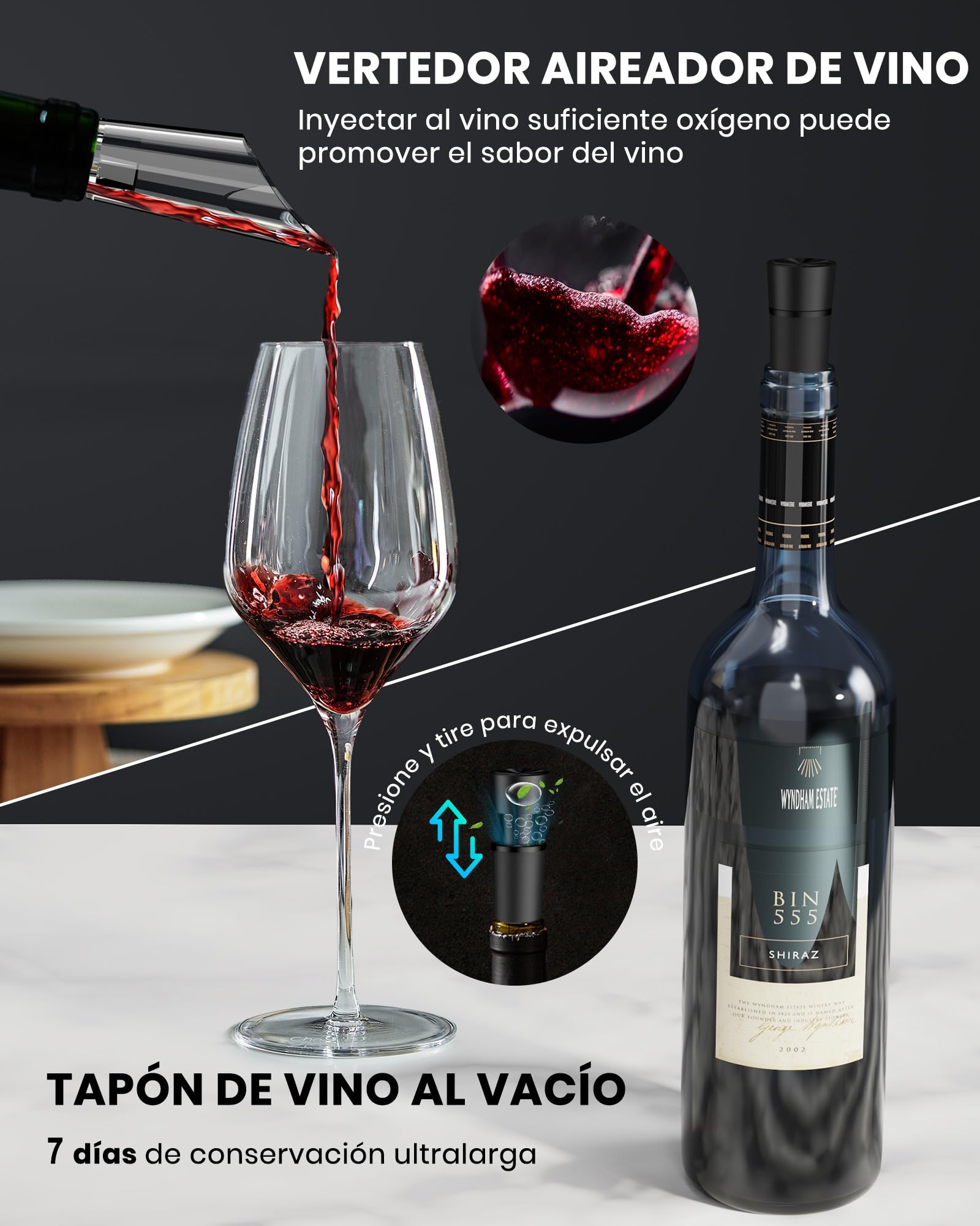 Sacacorchos eléctrico recargable, abridor de vino electrico saca rolhas regalos para hombre mujere abrebotellas con vertedor aireador, 2 tapón de vino al vacío, cortador láminas y cable USB