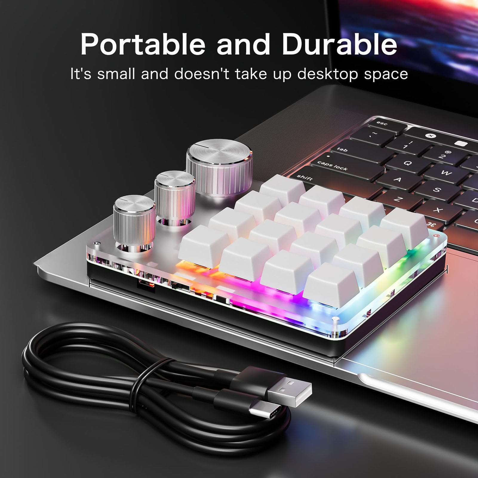 Tosuny Clavier Macro Programmable, Clavier de Jeu Bluetooth 16 Touches avec 3 Boutons et Contrôleur de Volume, Rétroéclairage LED RVB, Macro OSU pour Wins, OS X (avec Câble (White)