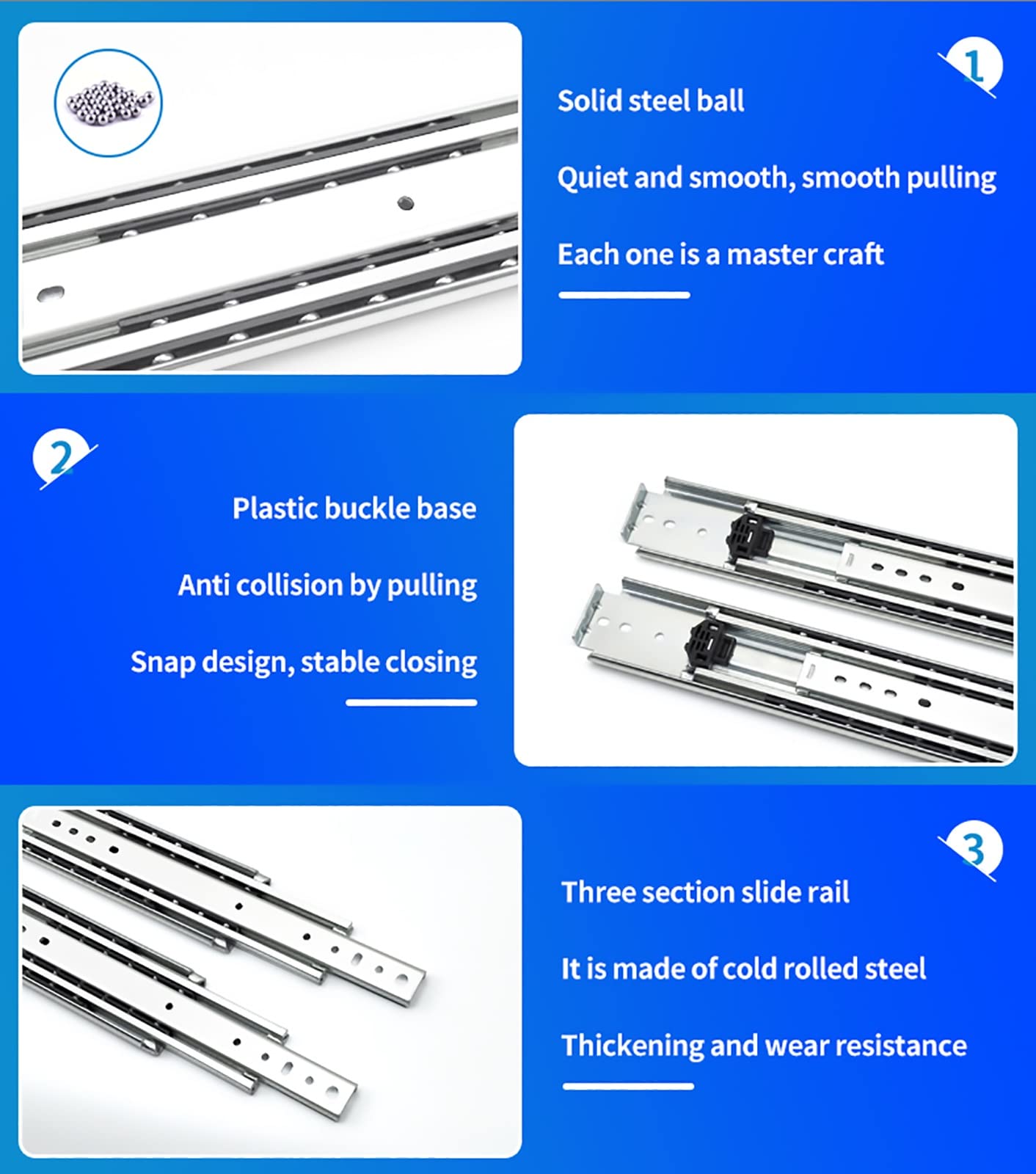 Diapositivas de cajón resistentes con extensión completa de 700 mm a 2000 mm, rodamiento de bolas de acero de metal, diseño de 3 pliegues, soporte lateral soporta 220-500 kg, 1 par, perfecto para