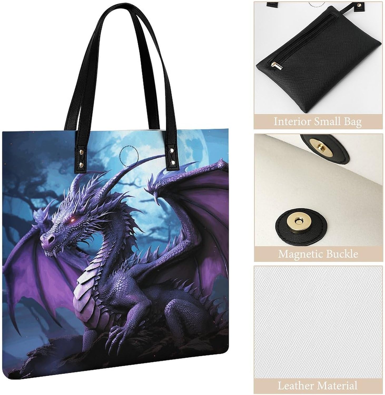 Purple Dragon Purple Moon Tote Bag with Magnetic Buckle Reusable Grocery Bags Lightweight Cross Body Handbag for Daily Essentials