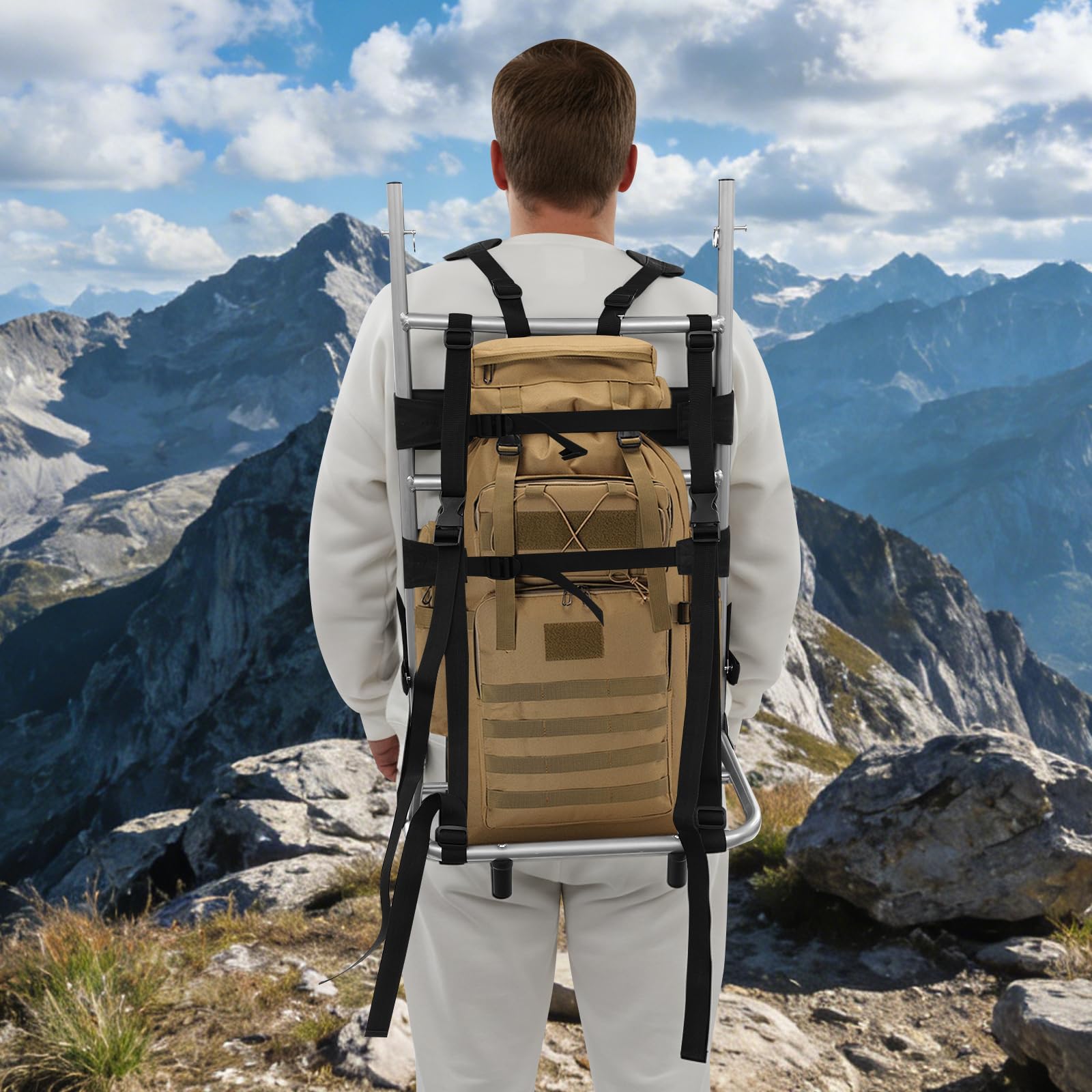 Telaio per zaino pesante (20 kg), robusto telaio pieghevole in alluminio e nylon, spallacci regolabili, ideale per trekking e attività all'aperto