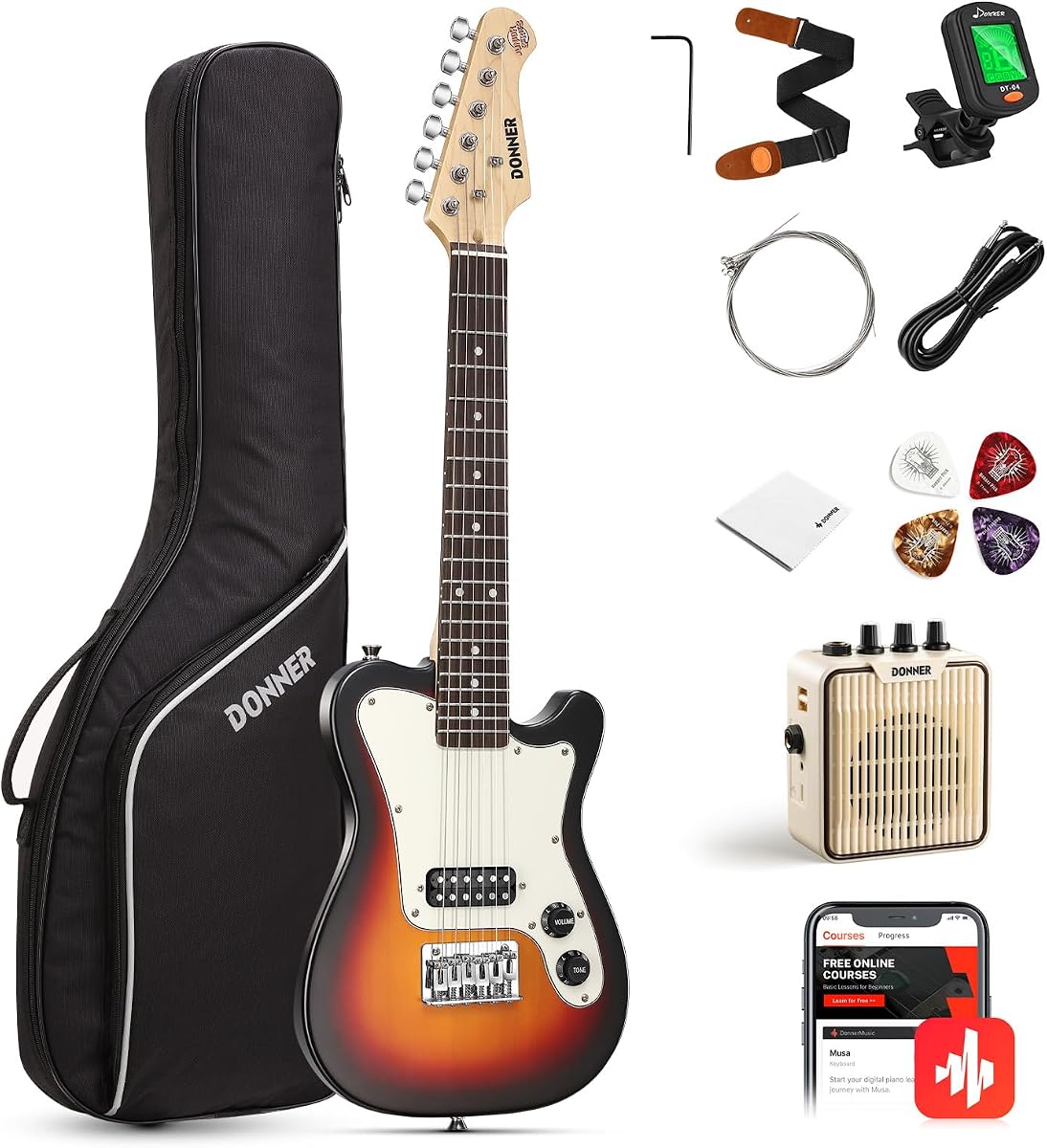 Donner 30 Inch Kids Electric Guitar Beginner Kits TL-Style (Sunburst) | Mini Electric Guitar for Boys Girls with Amp, 600D Bag, Tuner, Picks, Cable, Strap, Extra Strings, and Lessons, DSJ-100S