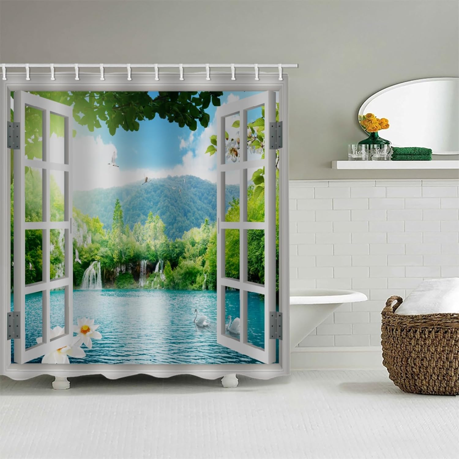 Lake Landscape Shower Curtain 60 x 60 in (150 x 150 cm) Summer Jungle Waterfall Window Scenery Rustic Farmhouse Fabric Shower Curtain Decorative for Bathroom with Hooks, Waterproof