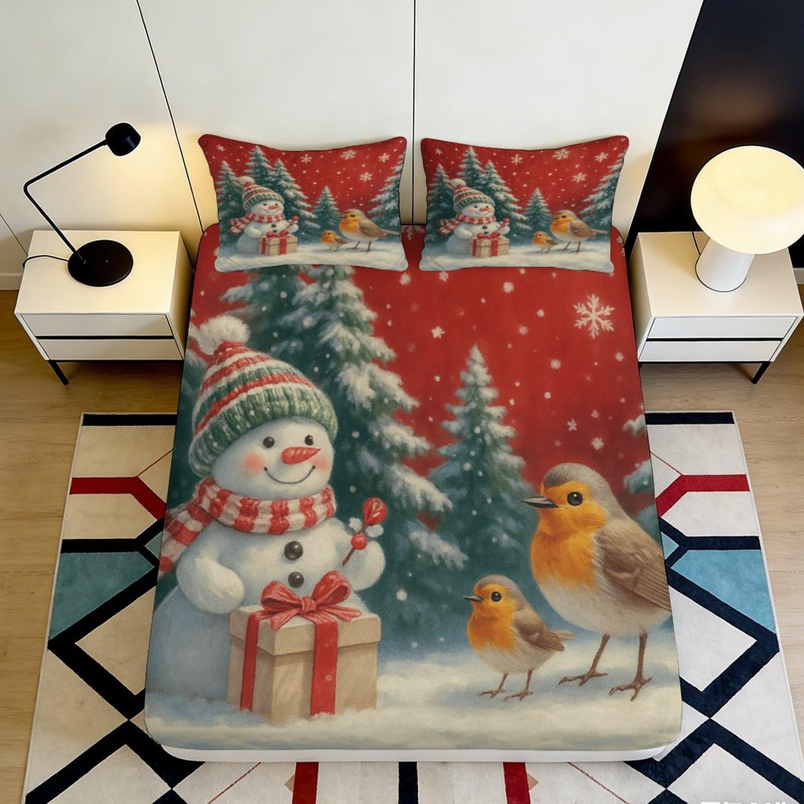 3D Printed Christmas Snowman Fitted Sheet Microfiber Deep Pocket Non-Slip Xmas Tree Mattress Fitted Cover Bedding 200x200x25cm 90x200x25cm