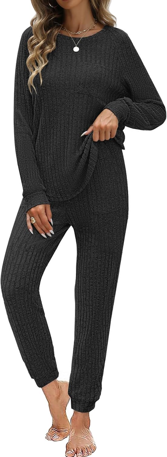 JUSTFASHIONNOW Womens Ribbed Knit Lounge Set 2 Piece Outfits Long Sleeve Pajama Set Loungewear Jogging Sweatsuits