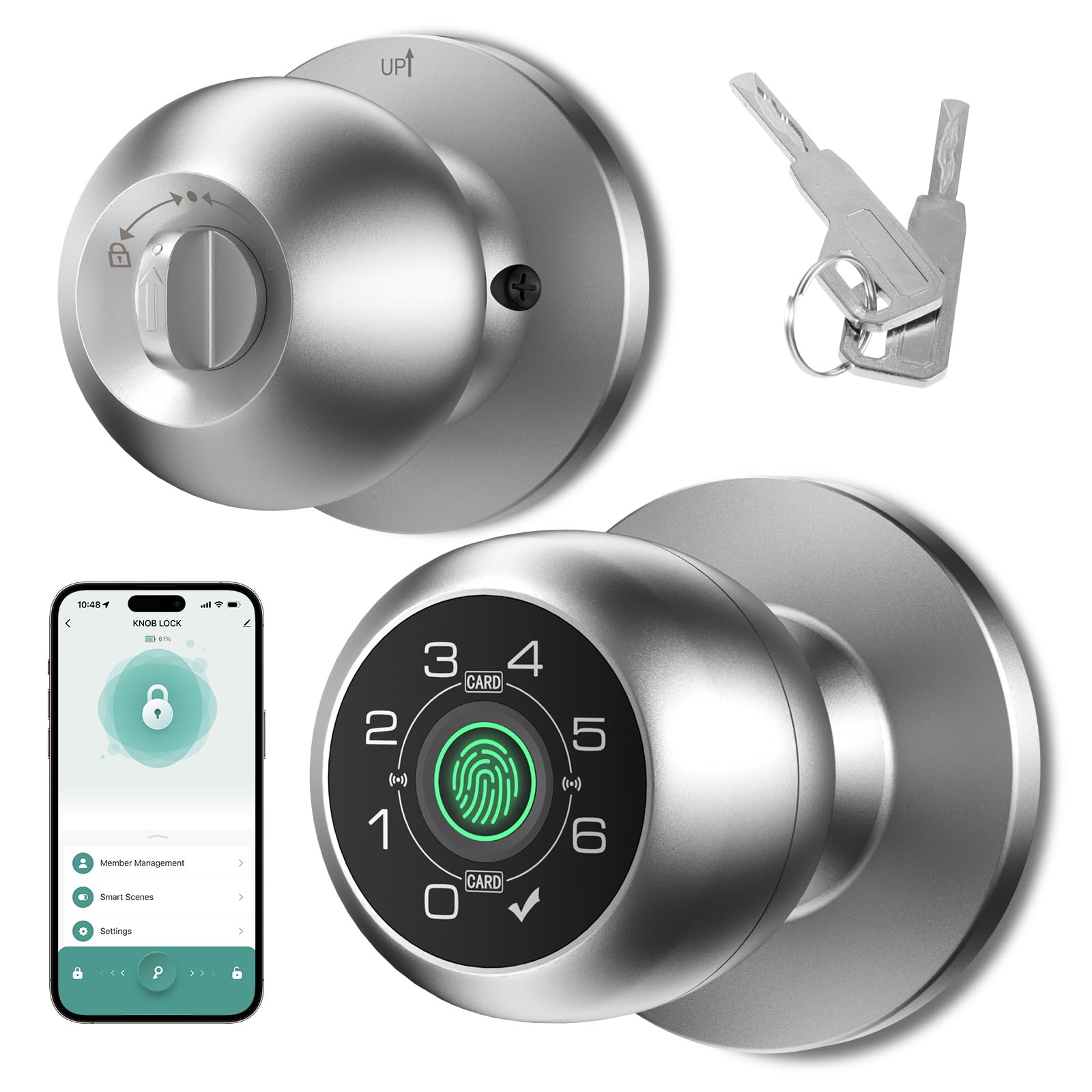 Photo 1 of HEI LIANG Fingerprint Smart Door Knob with Fingerprint & Keypad, App Controlled Biometric Keyless Entry Door Lock for Bedroom, Storage Room, Apartment?Office, Hotel (Silver)-HL-8