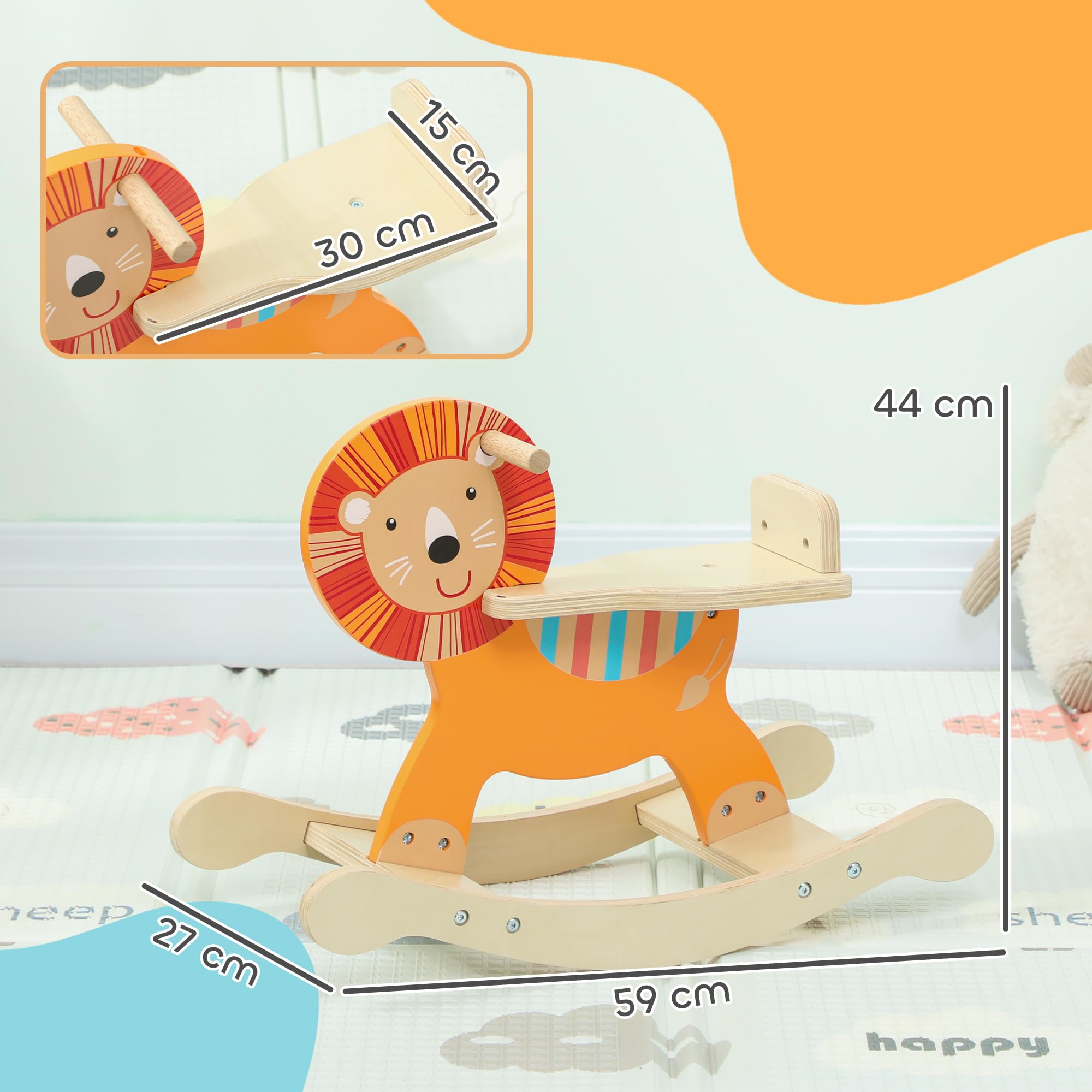 AIYAPLAY Schaukelpferd Holz, Kinder Schaukeltier mit Haltegriffen Schaukeltier Löwen für Kinder von 2-5 Jahren Orange