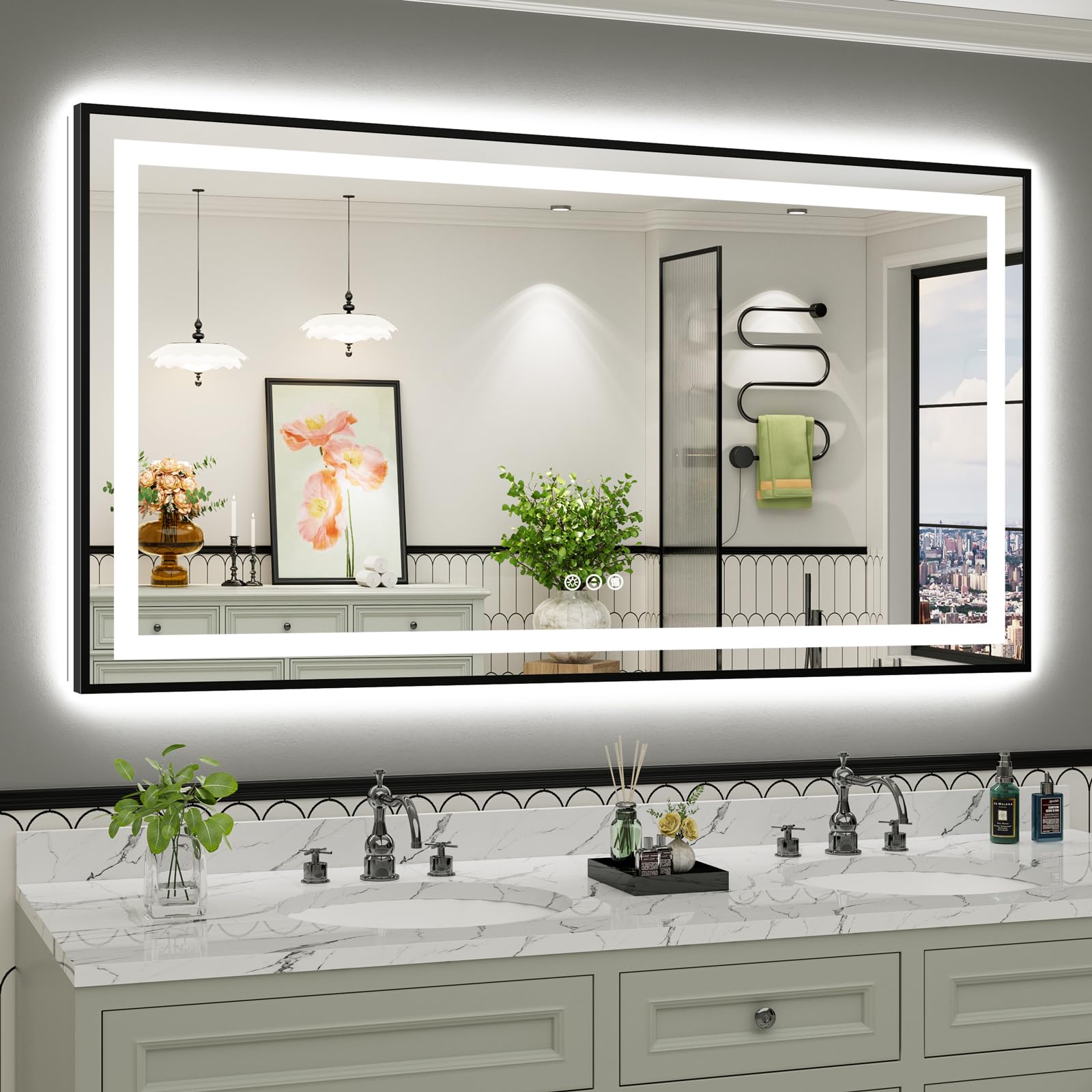 66x36 Inch LED Bathroom Mirror with Black Frame, Backlit &amp; Front Lit
