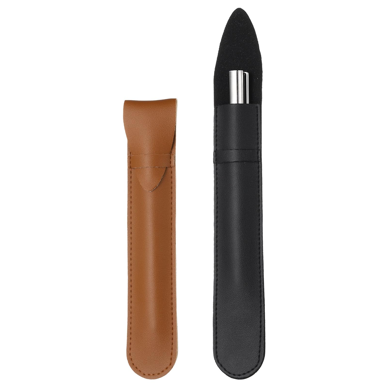 PATIKIL 2Pcs Leather Pen Pouch Sleeve, Leather Fountain Pen Holder Case Protective Cover for Storing Ball Points Pencils Fountain Office Business Gifts, Brown/Black