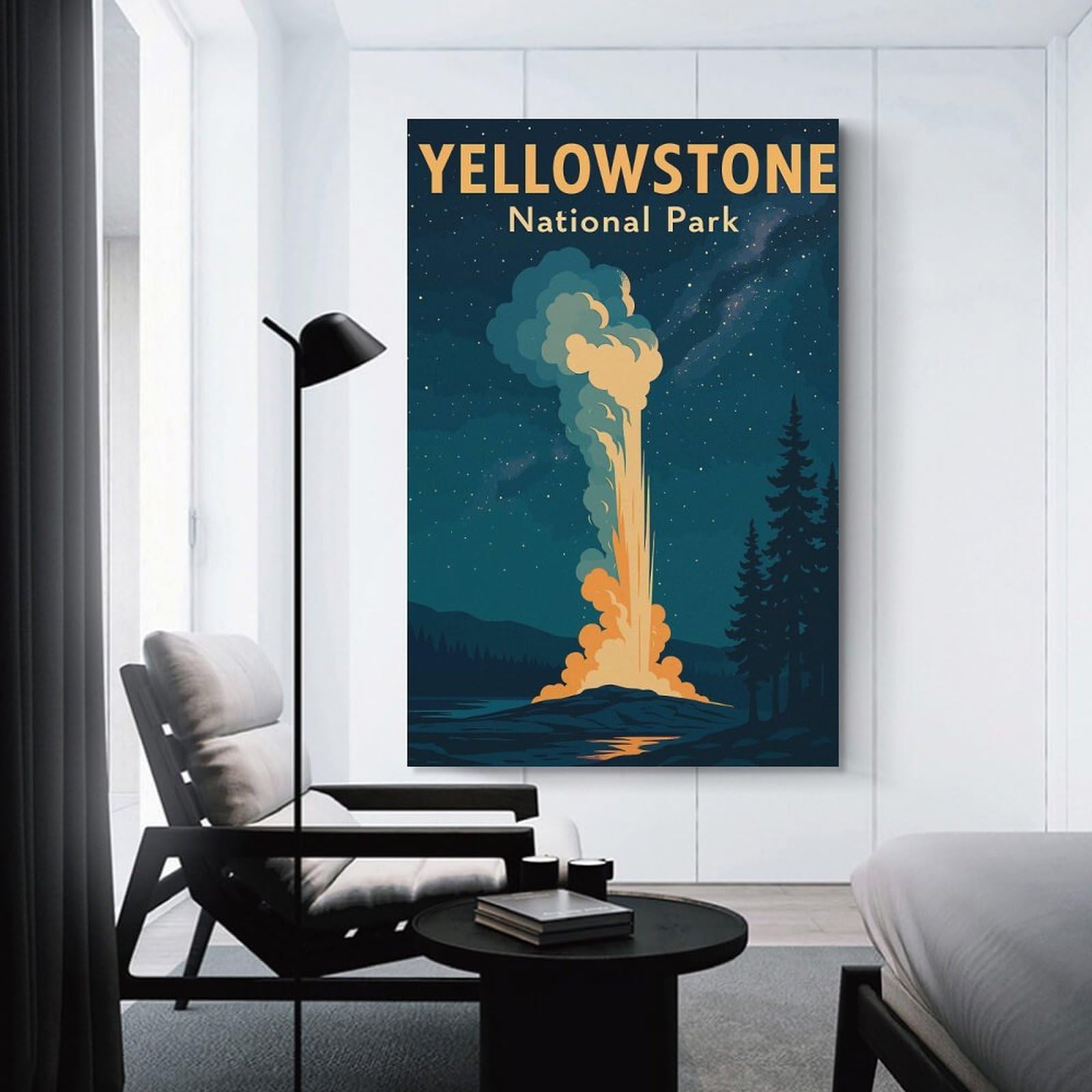 Junmoney Unframe-Style-15 Yellowstone National Park Vintage Poster – Old Faithful Geyser Night Sky Wall Art Canvas Wall Decor, 20X30inch(50X75cm), For Wall Displays, Bedrooms Or Room Updates, Wall Decor Suited To Curated Displ