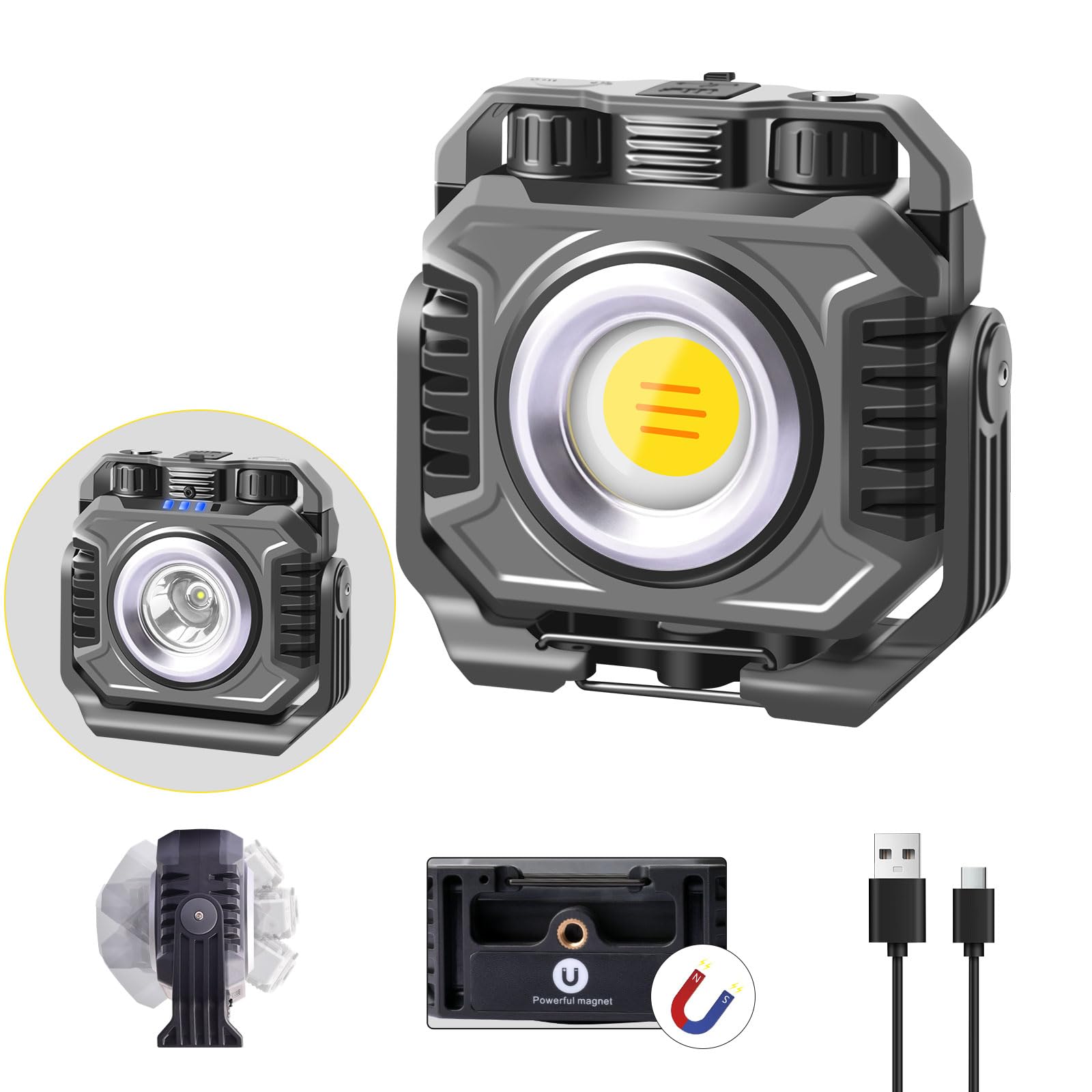 ErayLife Foco LED Recargable, 2100LM Foco LED Bateria 5000mAh con Base Magnética y 360° Giratorio, 6 Modos de Luz Foco de Trabajo Dimmable Portátil LED para Garaje, Taller, Camping