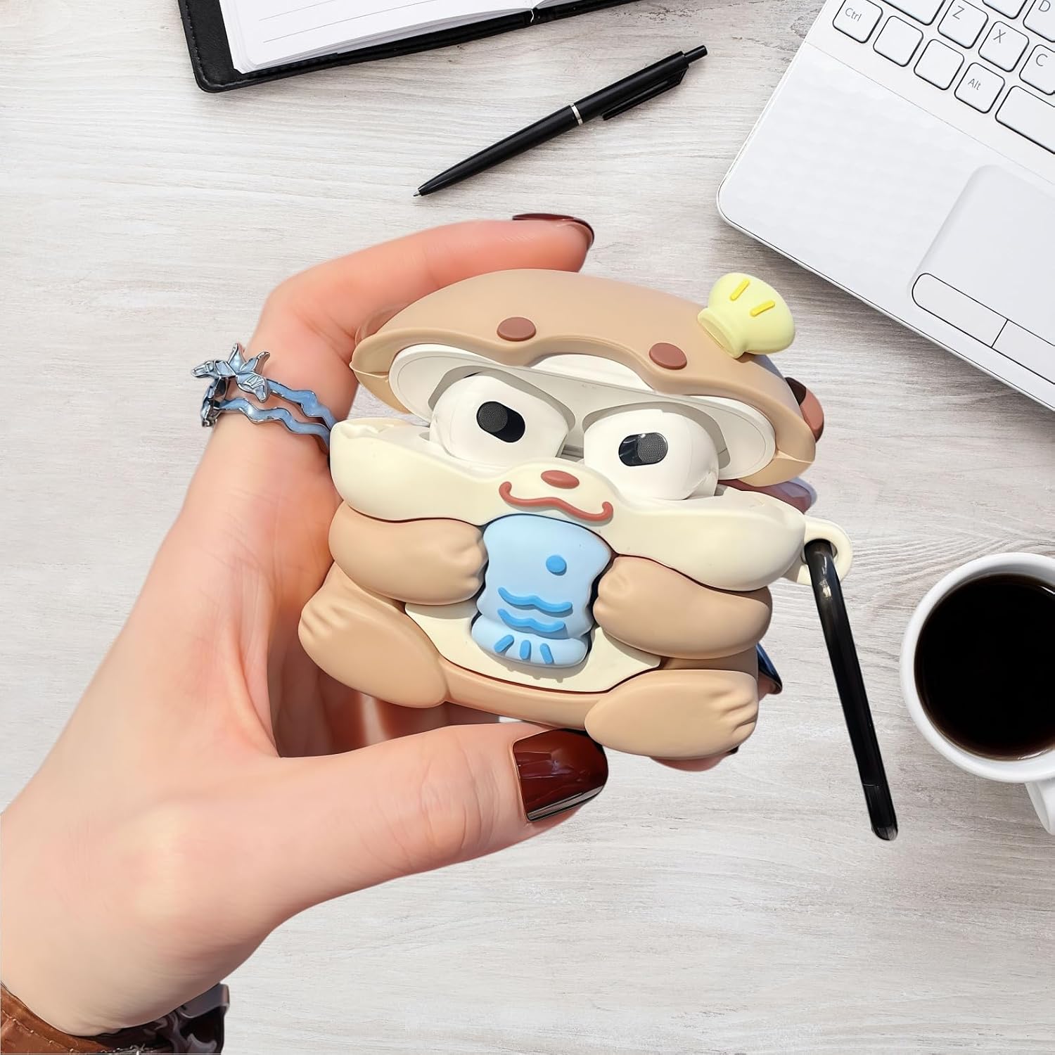 Case Compatible with AirPods Pro 3 2025, Cute Kawaii Otter Design Case Cover, Portable Soft Silicone Wireless Charging Earphone Shockproof Protector with Hook image 3