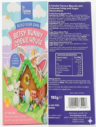 Build Your Own Bunny Cookie House Kit, Vanilla Flavour Biscuits with Coloured Icing and Sugar Decorations, No Baking Required, 182g. Ideal Spring Activity for Kids.