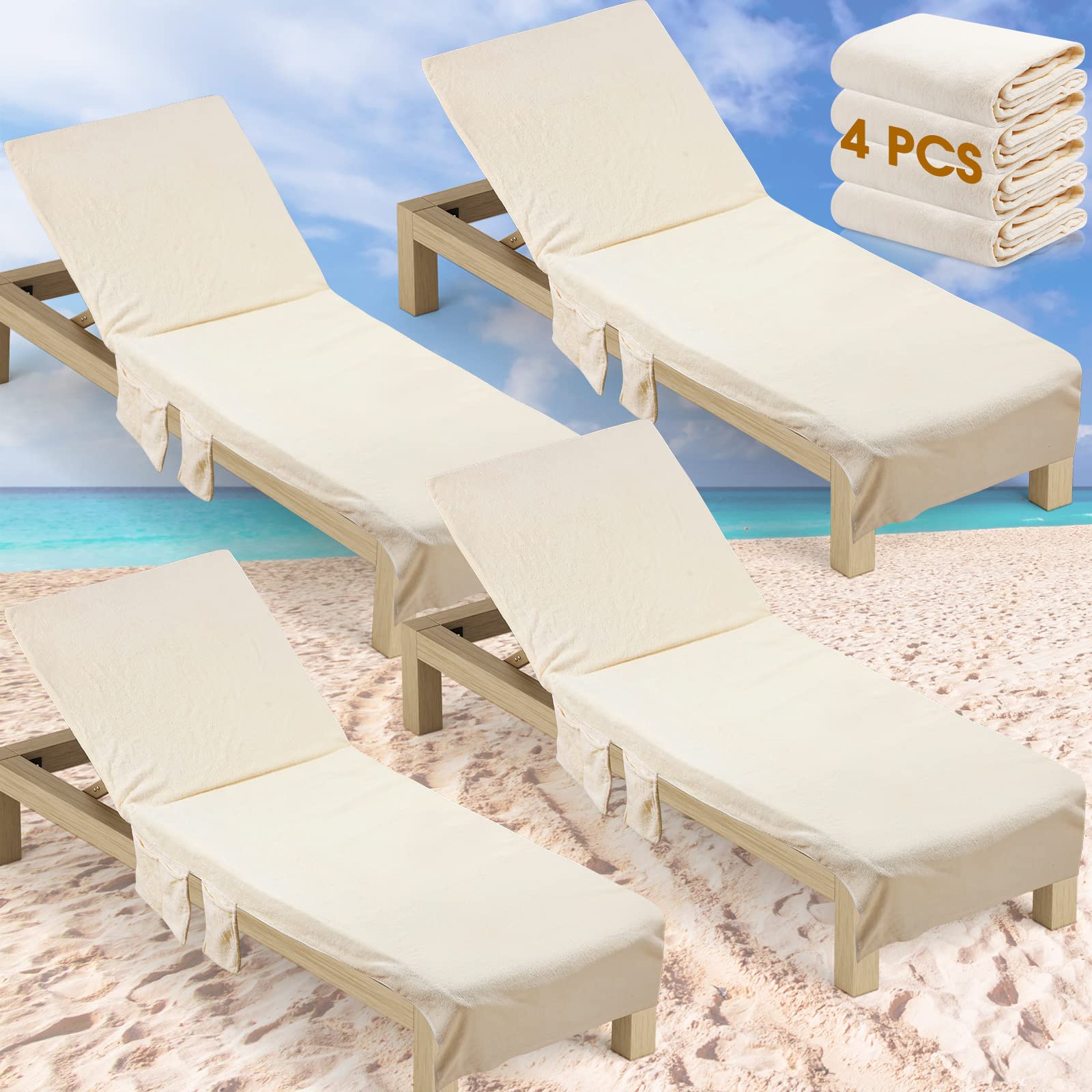 4 fundas para sillas de playa con bolsillos laterales, toallas suaves de microfibra de algodón para silla de piscina, toallas con bolsillos para tumbonas, tomar el sol, vacaciones, hotel al aire