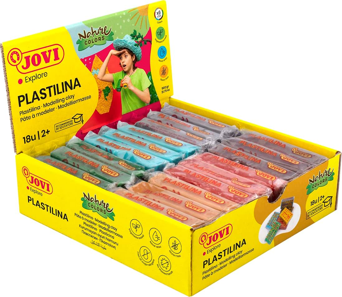 Jovi Plastilina Reusable and Non-Drying Modeling Clay; Nature Colors, 1.75 Oz. Bars, Set of 18, 3 Each of 6 Colors, Perfect for Arts and Crafts Projects