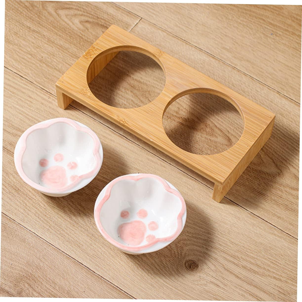 Pet Bowl Elevated Ceramic Cat Feeder Indoor Cat Food Bowls Bamboo Stand Easy to Clean Reusable image 4