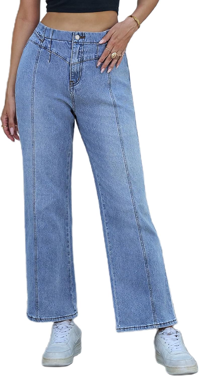 Wide Leg Jeans for Women Trendy High Waisted Straight Leg Stretchy Jeans Seamed Paneling Loose Baggy Denim Pants - Image 2