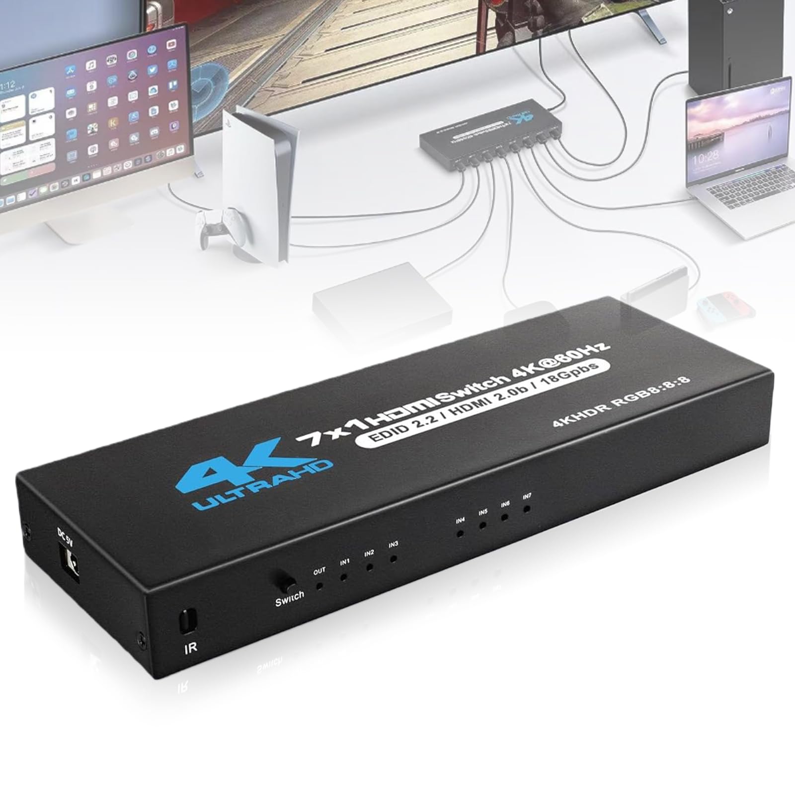 Switch HDMI 7 in 1-out, 4 K, 60 Hz, 7 x 1 HDMI, con telecomando, cavo di alimentazione, 7 connettori multipli, switch automatico, supporta HDMI2.0/HDR10 per switch, Xbox, PS4, HDTV, TV Stick, Blu-Ray