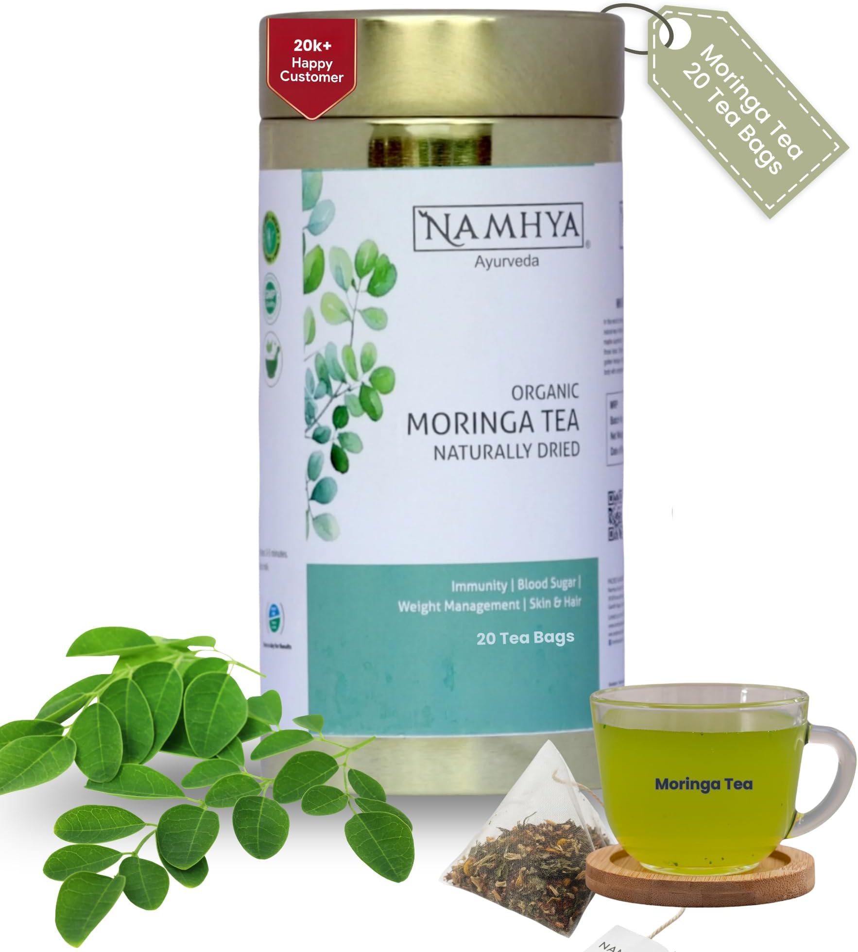 Moringa Herbal Tea Bags - 20 Tea Bags (20 Cups) - Boosts Immunity, Energy, Digestion, Regulates Sugar - Moringa - Natural, No Preservatives - Balances Vata, Pitta, Supports Skin & Metabolism