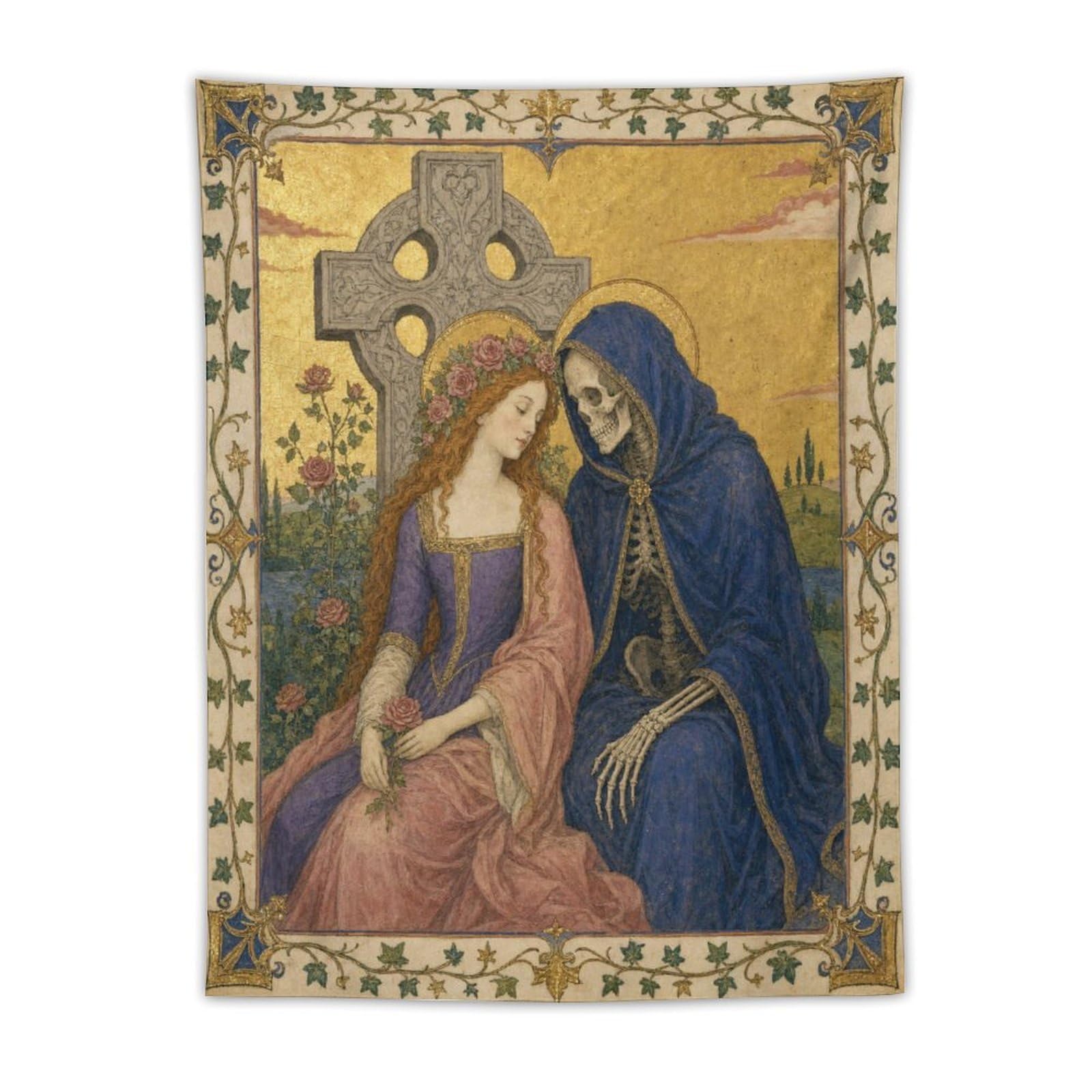 W7C8U2X3 Woman and Skeleton Wall Tapestry, Gothic Oil, Memento Mori